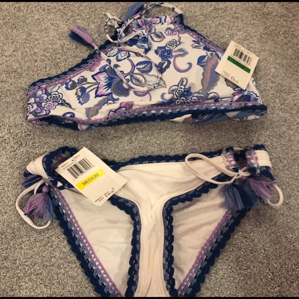 BECCA White Floral Blue Purple Trim Bikini Set